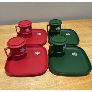 Tupperware‎ Red Green Christmas Mugs Dessert Plates Coasters 4 1312